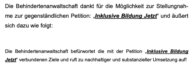 Das Bild zeigt den Screenshot der Stellungnahme der Behindertenanwaltschaft zur Petition. Bild enthält Link zur Stellungnahme.